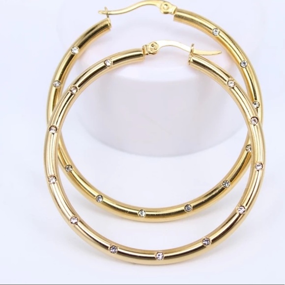 Gold Plated Crystal Hoop 1.5" Earrings - Picture 1 of 10